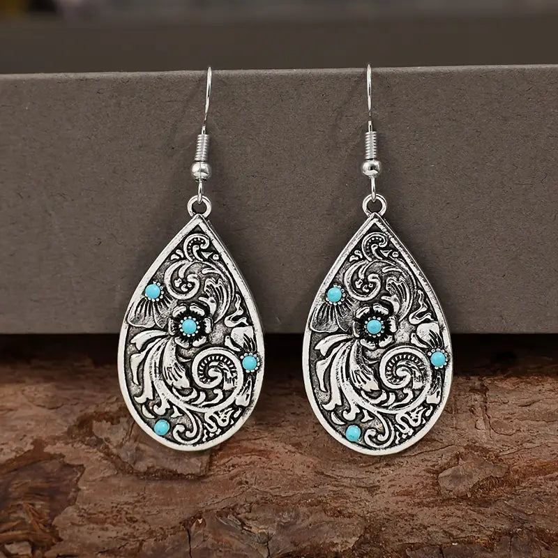 Load image into Gallery viewer, TMER74 - Carved Waterdrop Earrings with Stones
