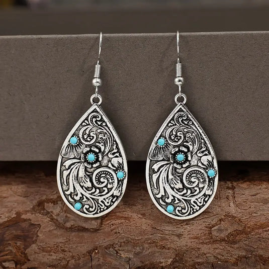 TMER74 - Carved Waterdrop Earrings with Stones