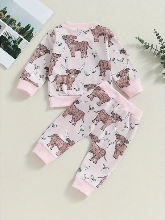 TMCHD39 - Toddler Girls 2 Piece Cow Print Sweatshirt & Pants