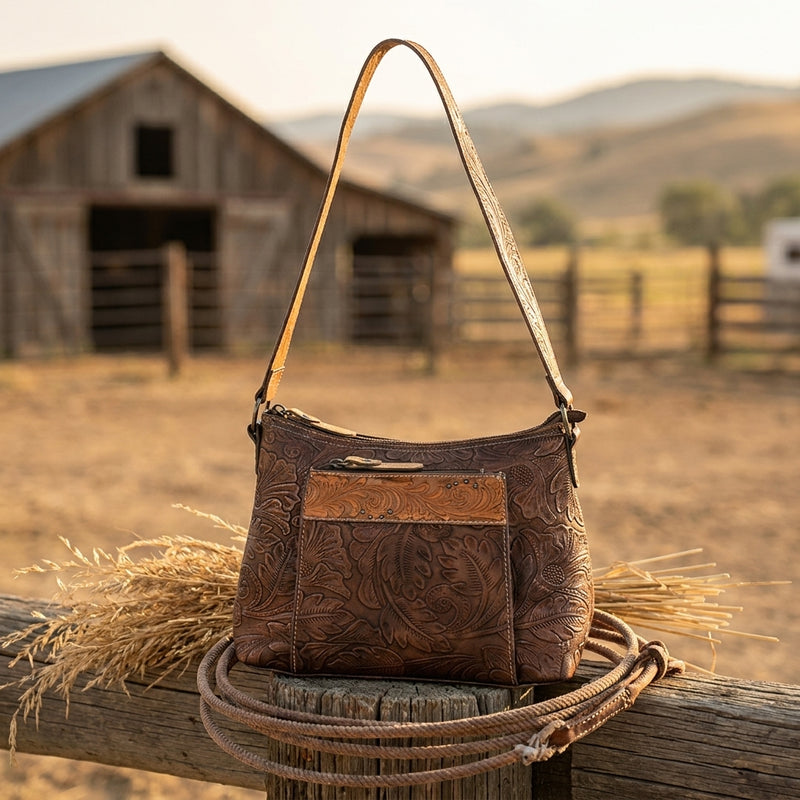 Load image into Gallery viewer, 23061872 - Tony Lama Bronzed Floral Brown Shoulder Bag
