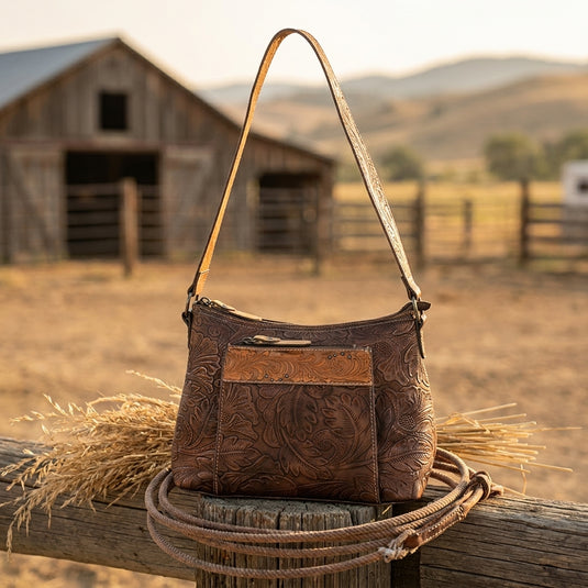 23061872 - Tony Lama Bronzed Floral Brown Shoulder Bag
