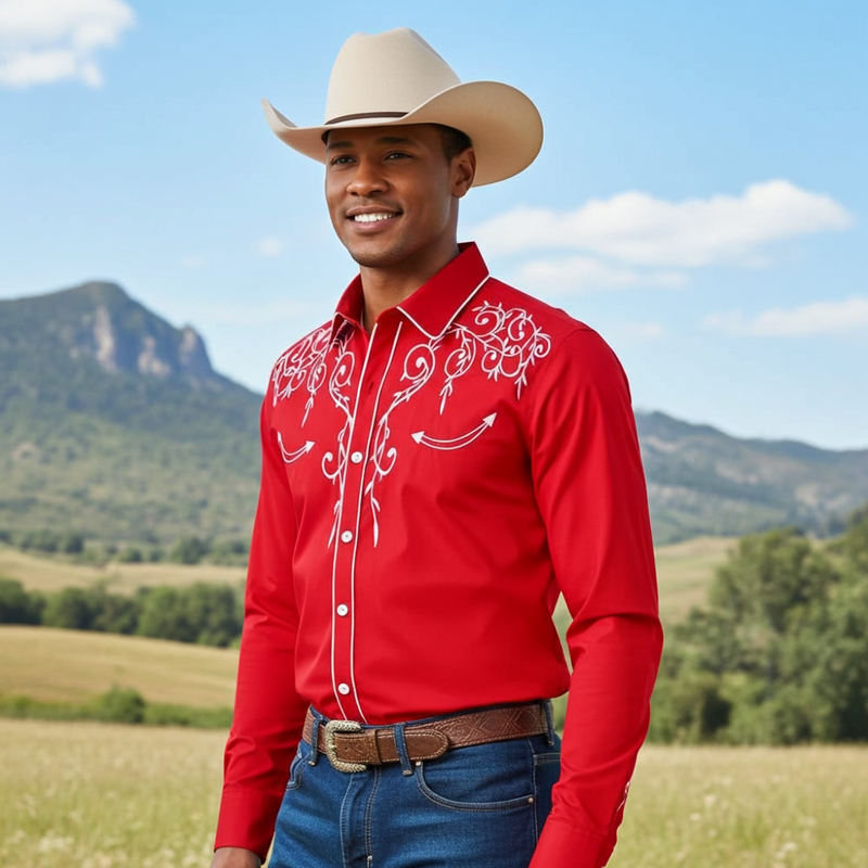Load image into Gallery viewer, NIHMEN 2 - Men&#39;s Red Embroidered Western Shirt
