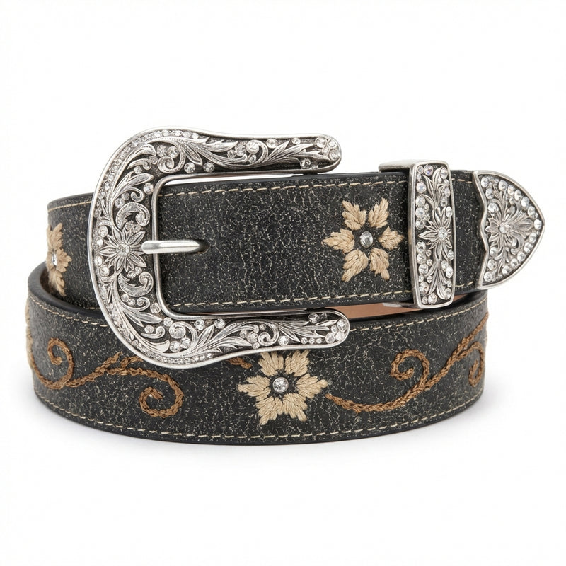 Load image into Gallery viewer, N3447001 - Nocona Women's Distressed Black Belt W/Floral Embroidery

