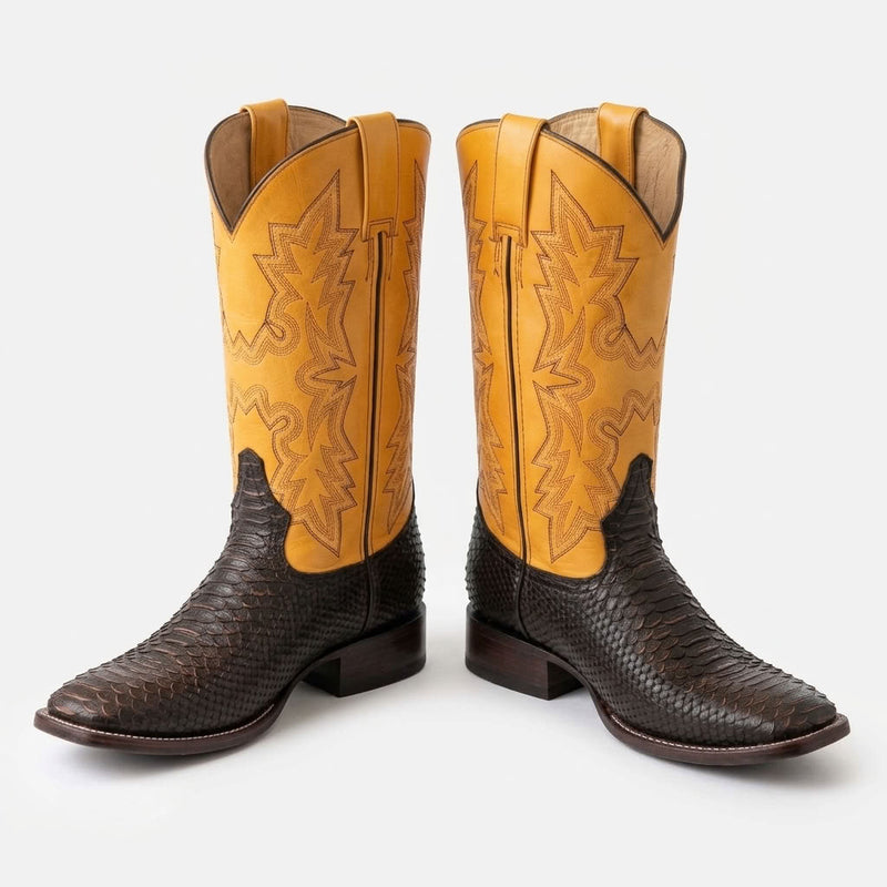Load image into Gallery viewer, CP5007 - Cowboy Prayer Black Python Print W/Yellow Underlay Western Boot
