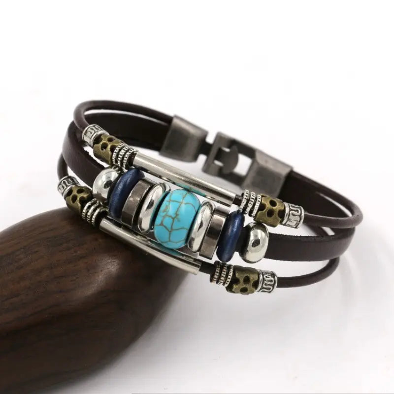 Load image into Gallery viewer, TMBC7 - Turquoise Beaded Multi Layer Leather Bracelet
