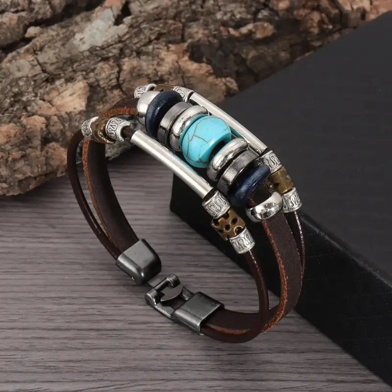 Load image into Gallery viewer, TMBC7 - Turquoise Beaded Multi Layer Leather Bracelet
