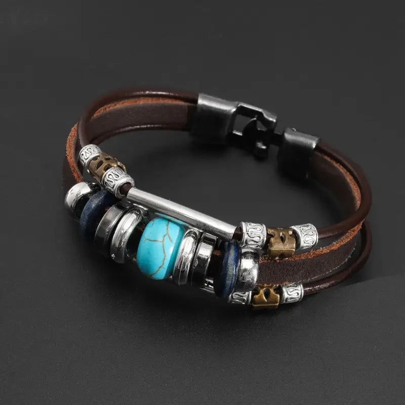 Load image into Gallery viewer, TMBC7 - Turquoise Beaded Multi Layer Leather Bracelet
