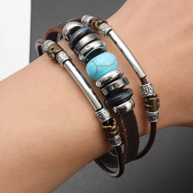 Load image into Gallery viewer, TMBC7 - Turquoise Beaded Multi Layer Leather Bracelet
