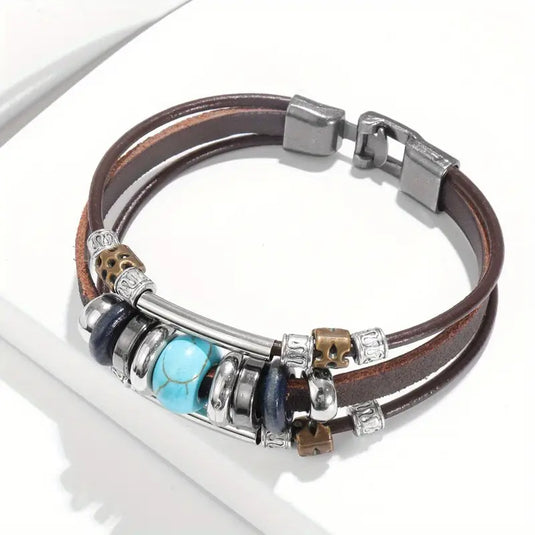 TMBC7 - Turquoise Beaded Multi Layer Leather Bracelet