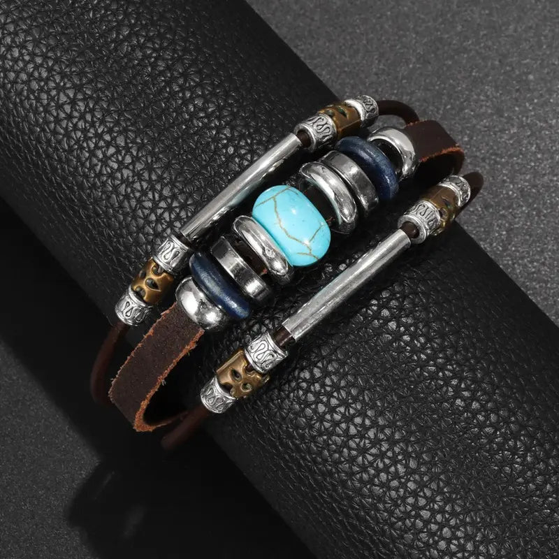 Load image into Gallery viewer, TMBC7 - Turquoise Beaded Multi Layer Leather Bracelet
