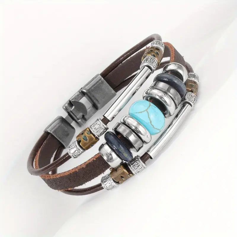 Load image into Gallery viewer, TMBC7 - Turquoise Beaded Multi Layer Leather Bracelet
