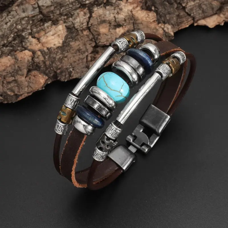 Load image into Gallery viewer, TMBC7 - Turquoise Beaded Multi Layer Leather Bracelet
