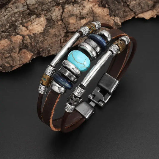 TMBC7 - Turquoise Beaded Multi Layer Leather Bracelet