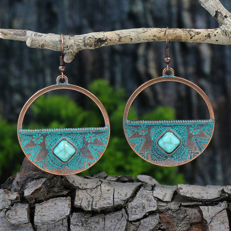 Load image into Gallery viewer, NIHER37 - Retro Turquoise Inlay Drop Earrings
