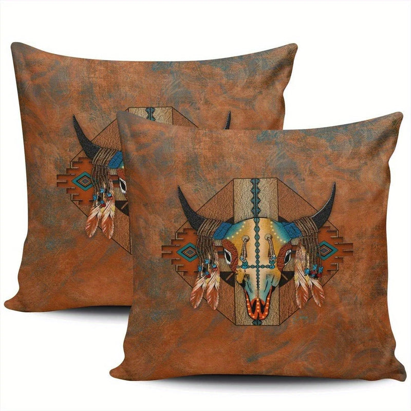 Load image into Gallery viewer, TMPL5 - Set of 2 Southwestern Buffalo Skull Throw Pillows
