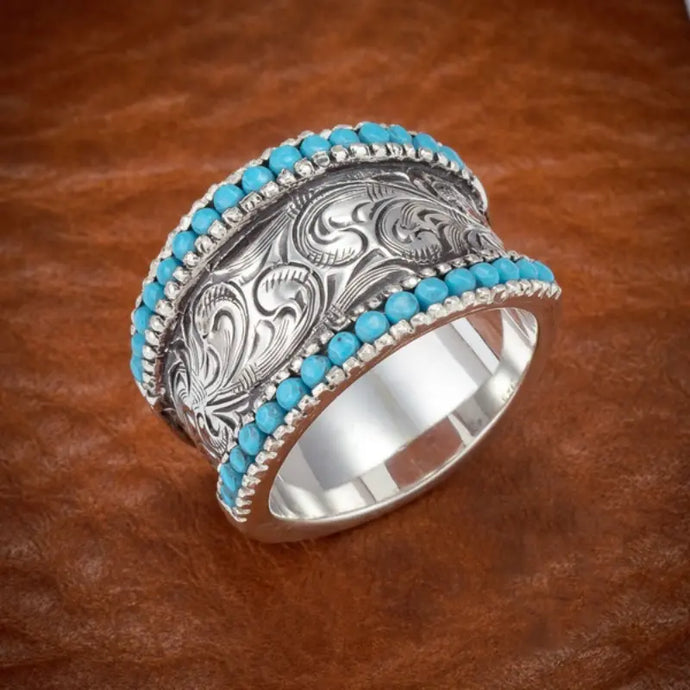 TMRG8 - Carved Ring With Synthetic Turquoise Stones