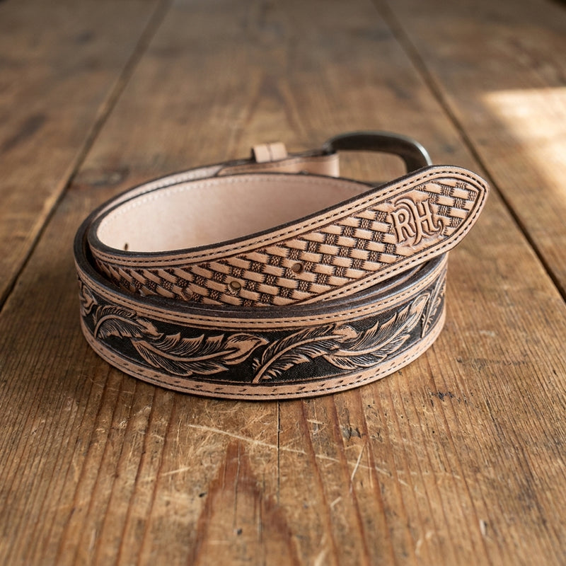 Load image into Gallery viewer, 23133BE1 - Red Dirt Hat Co. Men's Vachetta Leather Belt W/Basketweave/Feather Tooling
