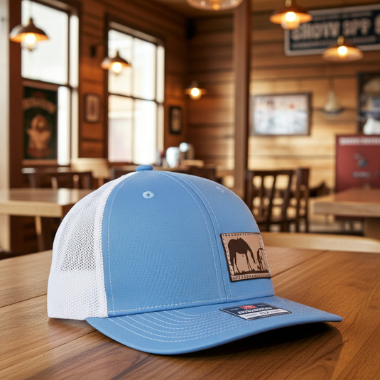 CP115 - Cowboy Prayer Leather Patch Columbia Blue/White Cap