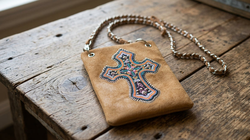 Load image into Gallery viewer, Rainbow Purse 13 - Brown with Cross
