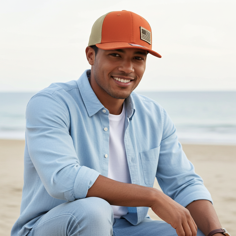 Load image into Gallery viewer, SA114 - Southern Addiction Dark Orange/Khaki FLEXFIT Light Leather American Flag Patch Cap
