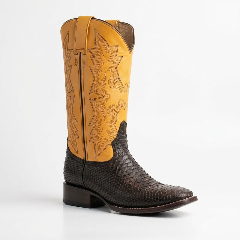 Load image into Gallery viewer, CP5007 - Cowboy Prayer Black Python Print W/Yellow Underlay Western Boot
