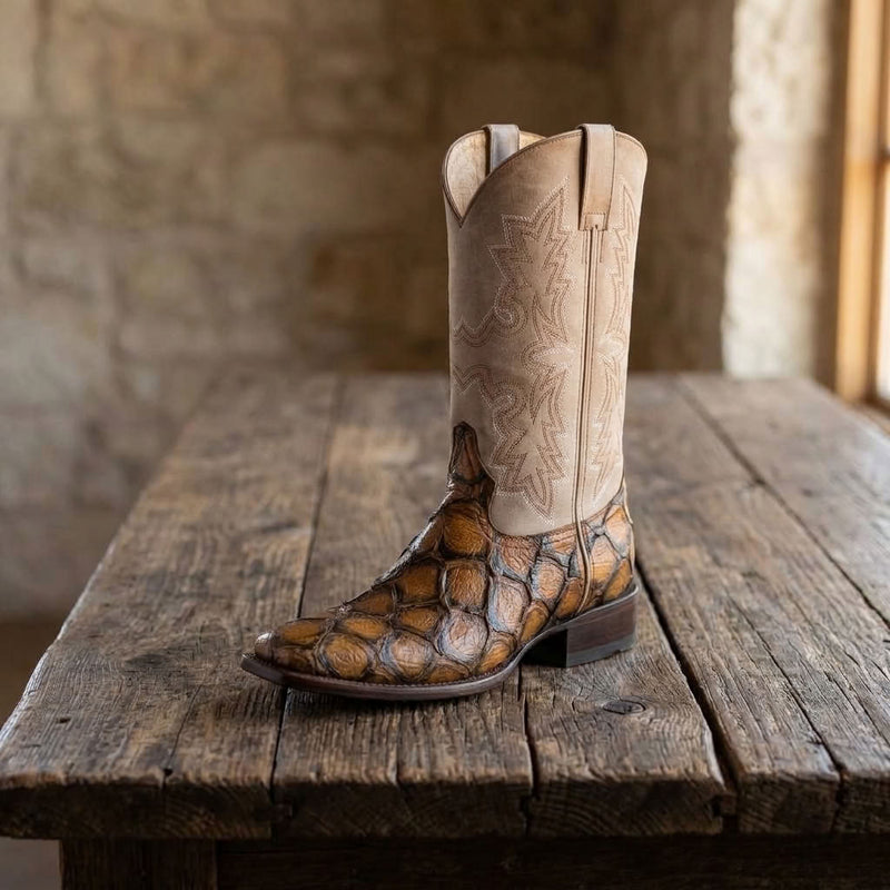 Load image into Gallery viewer, CP5015 - Cowboy Prayer Hand Crafted Golden Brown Pirarucu Print Cowboy Boots
