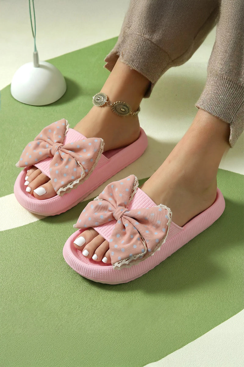 Load image into Gallery viewer, DLLSHOE 159 - Pink Lace Trim Polka Dot Bowknot Casual EVA Slippers
