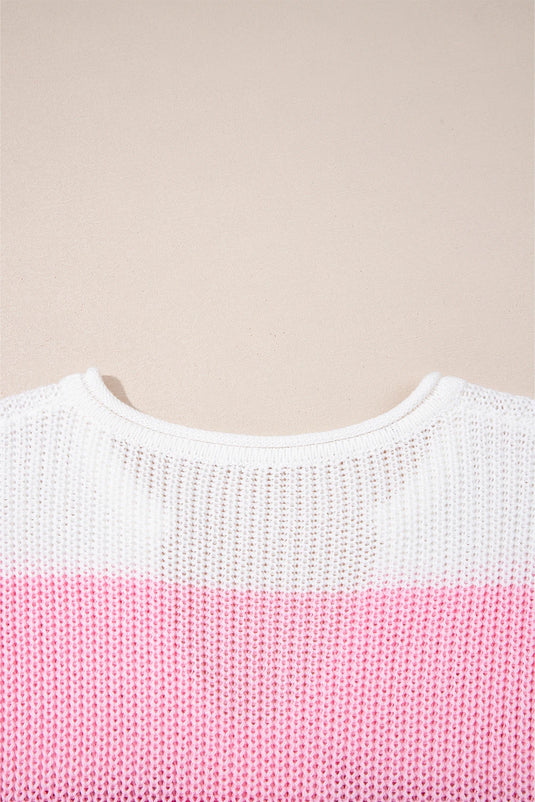 DLLS457 - Ladies Pink Color Block Notch V Neck Sweater T-Shirt