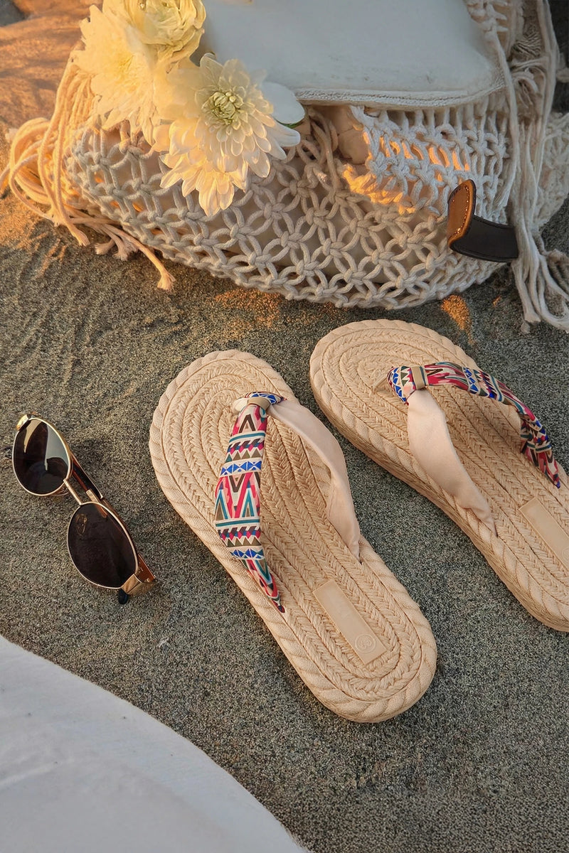 Load image into Gallery viewer, DLLSHOE 79 - Parchment Boho Woven Texture Contrast Straps Flat Flip Flops
