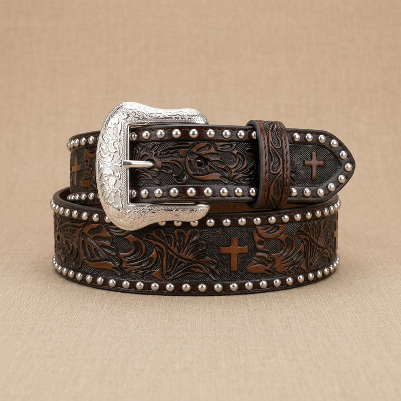 Load image into Gallery viewer, 2732 - Men's Chocolate Belt With Floral &amp; Cross Tooling and Nailheads
