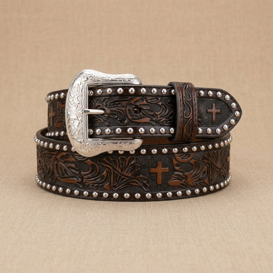 2732 - Men's Chocolate Belt With Floral & Cross Tooling and Nailheads