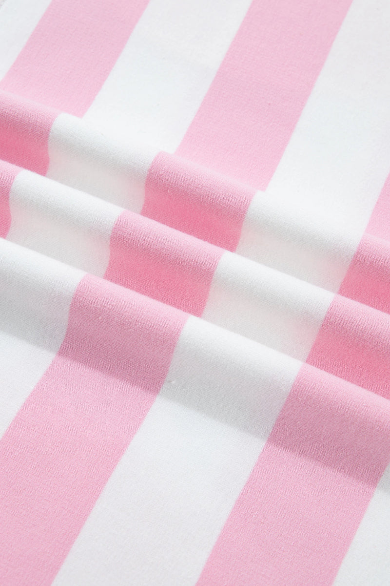 Load image into Gallery viewer, DLLS816 - Ladies Pink Stripe Patchwork Zipper Pullover Elastic Waist Shorts 2pcs Set
