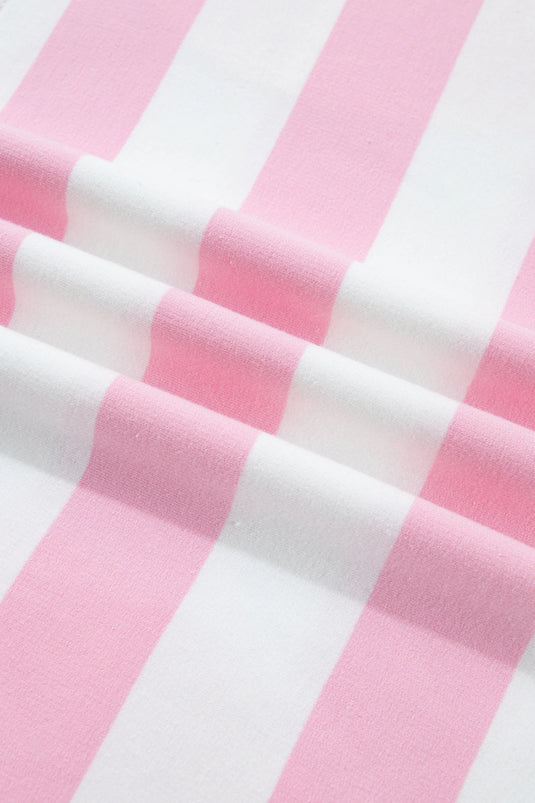DLLS816 - Ladies Pink Stripe Patchwork Zipper Pullover Elastic Waist Shorts 2pcs Set