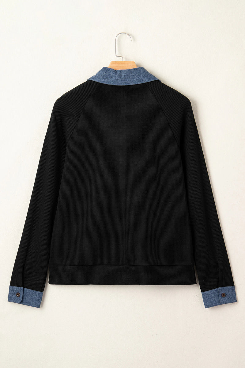Load image into Gallery viewer, DLLS930 - Ladies Black Textured Knit Denim Patchwork Button Polo Collar Long Sleeve Top
