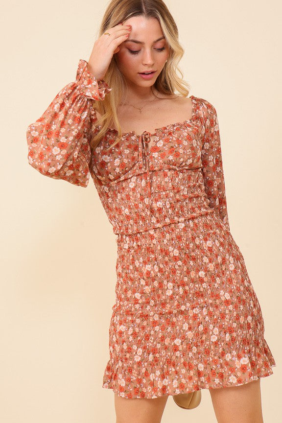 Load image into Gallery viewer, TIM2 - Ladies Dark Rose/Brown Floral Smocked Mini Dress
