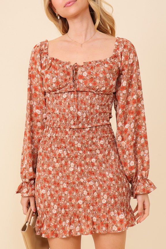 Load image into Gallery viewer, TIM2 - Ladies Dark Rose/Brown Floral Smocked Mini Dress
