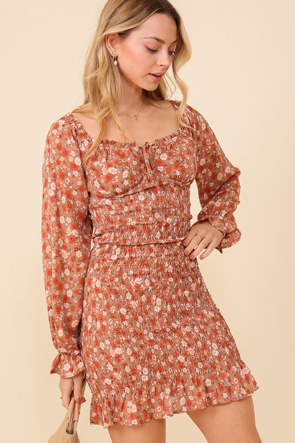 Load image into Gallery viewer, TIM2 - Ladies Dark Rose/Brown Floral Smocked Mini Dress
