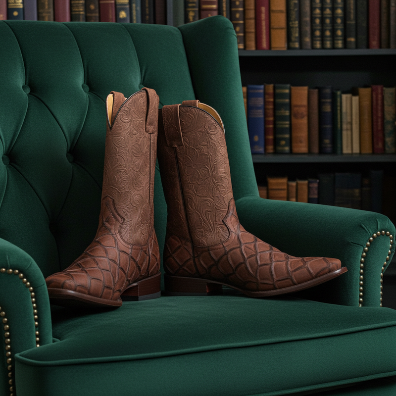 Load image into Gallery viewer, CP1709 - Cowboy Prayer Chocolate Pirarucu Print Cowboy Boots

