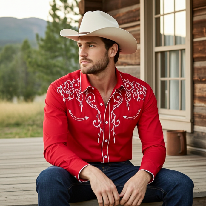 NIHMEN 2 - Men's Red Embroidered Western Shirt