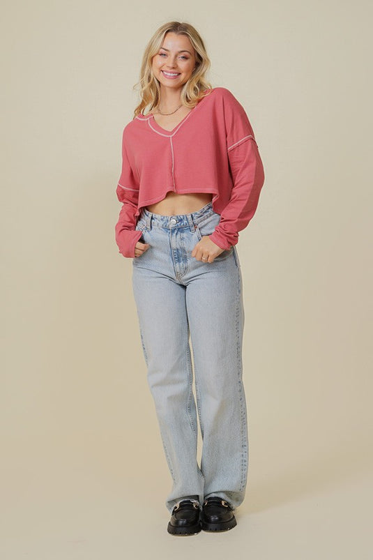 TIM5 - Ladies Mauve Stitched Cotton Jersey Crop Top