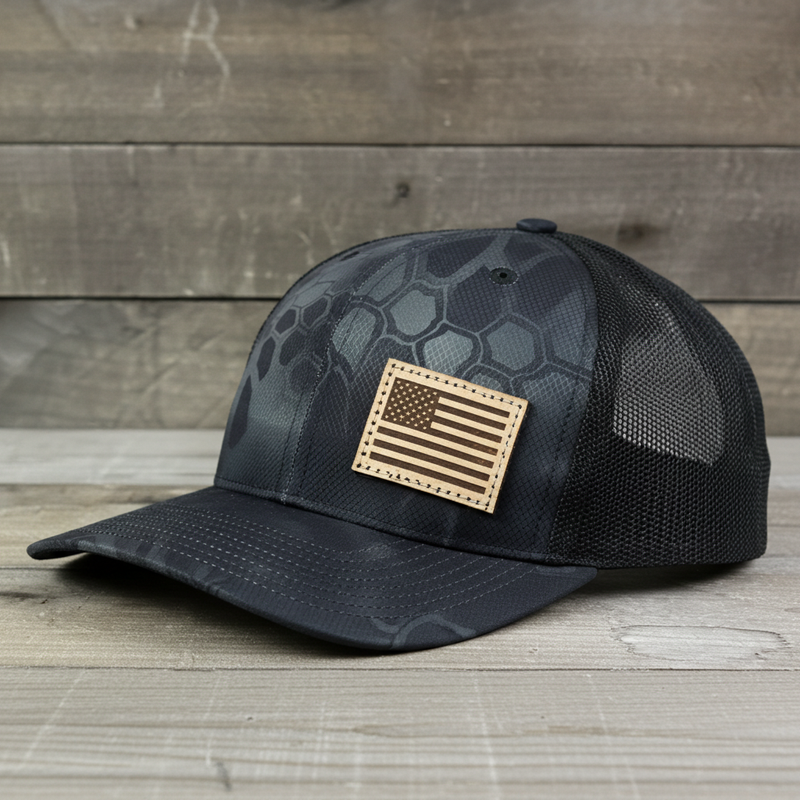 Load image into Gallery viewer, SA116 - Southern Addiction Kryptek Typhoon/Black Light Leather American Flag Patch Cap
