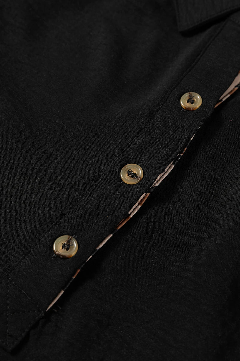 Load image into Gallery viewer, DLLS247 - Ladies Black Contrast Leopard Print Patchwork Polo Collar Buttons Front Ruffled Long Sleeve Blouse
