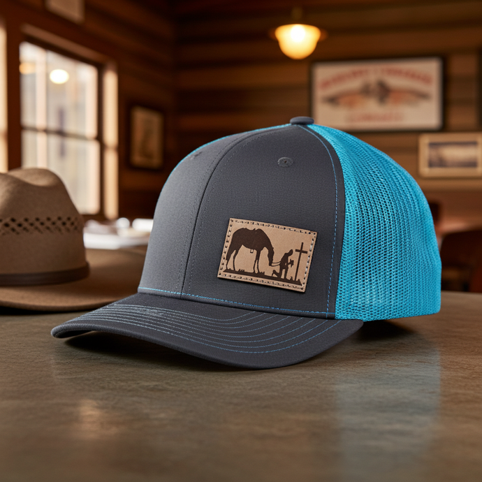 CP104 - Cowboy Prayer Leather Patch Charcoal/Neon Blue Cap