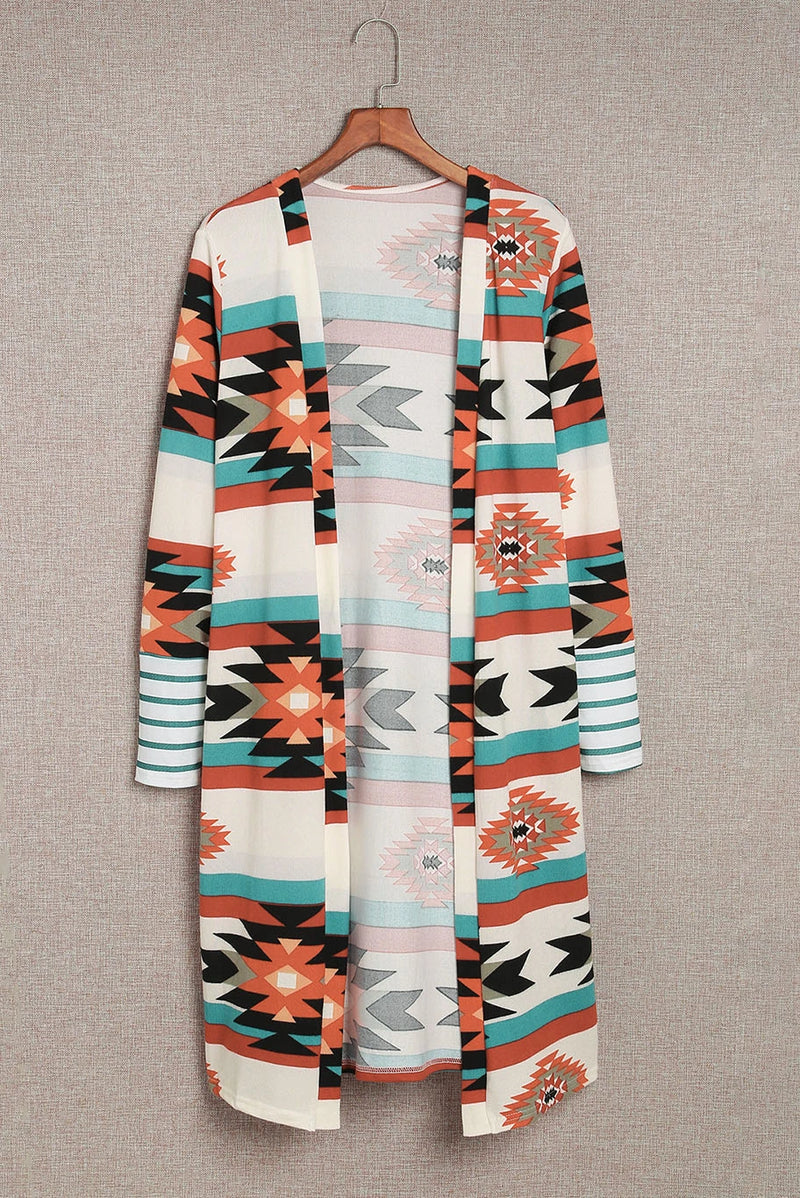 Load image into Gallery viewer, DLLS758 - Ladies Multicolor Geometric Color Block Open Front Long Cardigan
