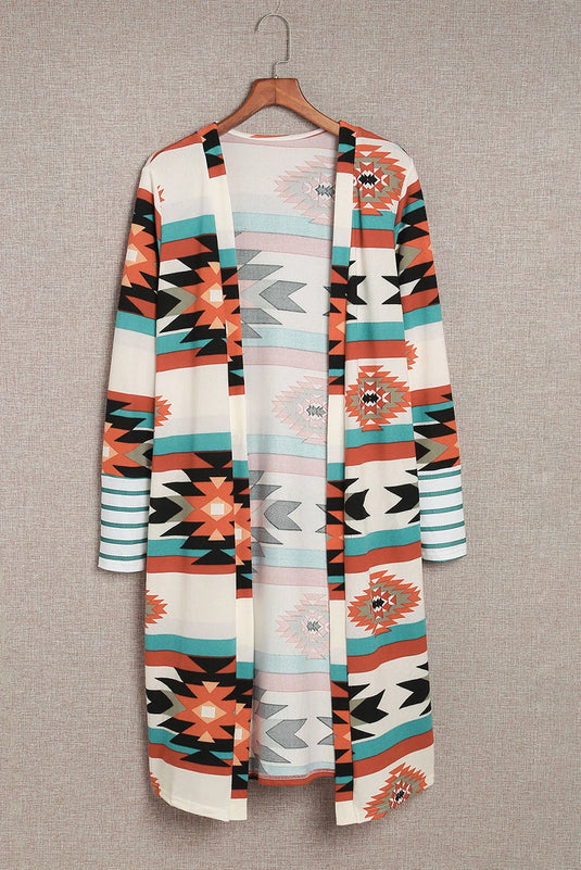 DLLS758 - Ladies Multicolor Geometric Color Block Open Front Long Cardigan