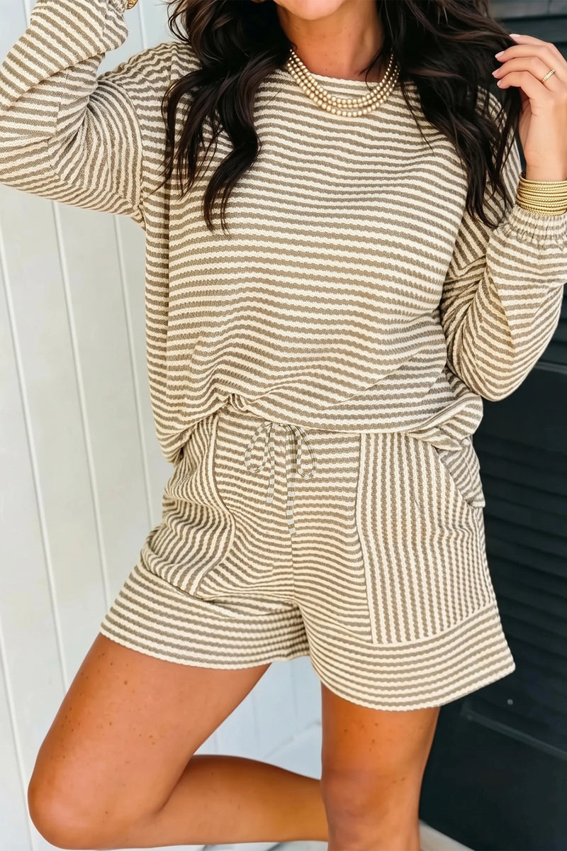 Load image into Gallery viewer, DLLS1147 - Ladies Brown Stripe Textured Knit Long Sleeve Top Elastic Waist Shorts Casual Outfit
