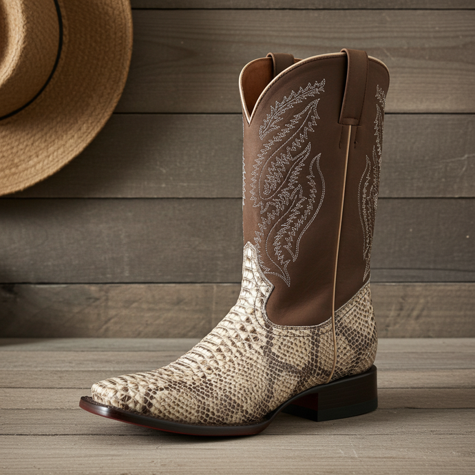 CP1705 - Cowboy Prayer Hand Crafted Natural Python Print Cowboy Boots