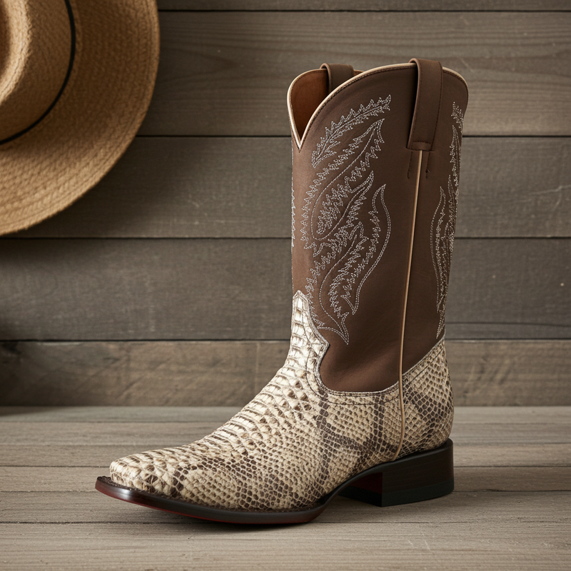 Load image into Gallery viewer, CP1705 - Cowboy Prayer Hand Crafted Natural Python Print Cowboy Boots

