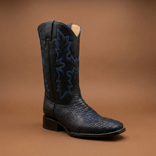 CP5008 - Cowboy Prayer Men's Black Python Print w/Blue Underlay Western Boots