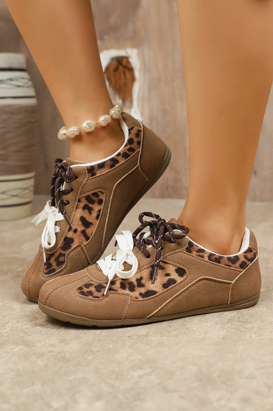 DLLSHOE 168 - Thai Curry Lace-Up PU Leather Leopard Print Casual Flat Shoes